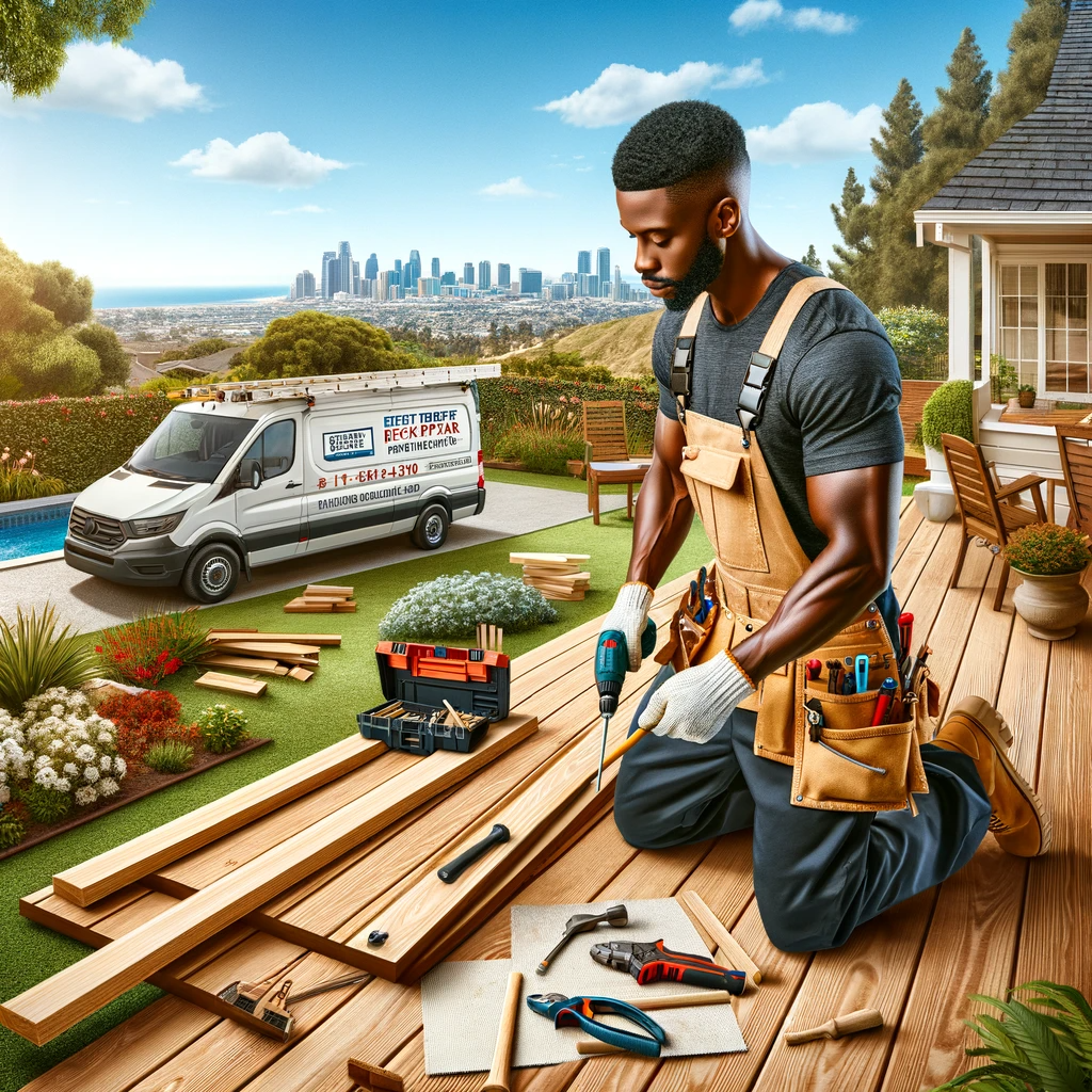 Professional Black male carpenter repairing a deck near San Diego.