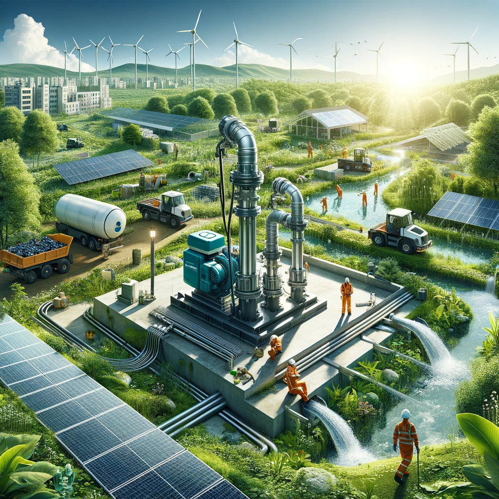 Eco-friendly construction site with Tsurumi pumps, solar panels, greenery, and workers in safety gear under a clear blue sky.